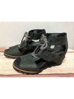 Sorel Joanie II Black Leather  Lace Up Gladiator Wedge Sandals Womens 6 (9I44)